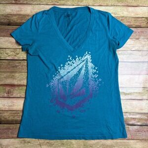 Volcom Women's Size L Teal Blue V-Neck Stone Logo Graphic T-Shirt